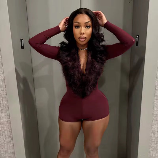 Burgundy Fur Romper