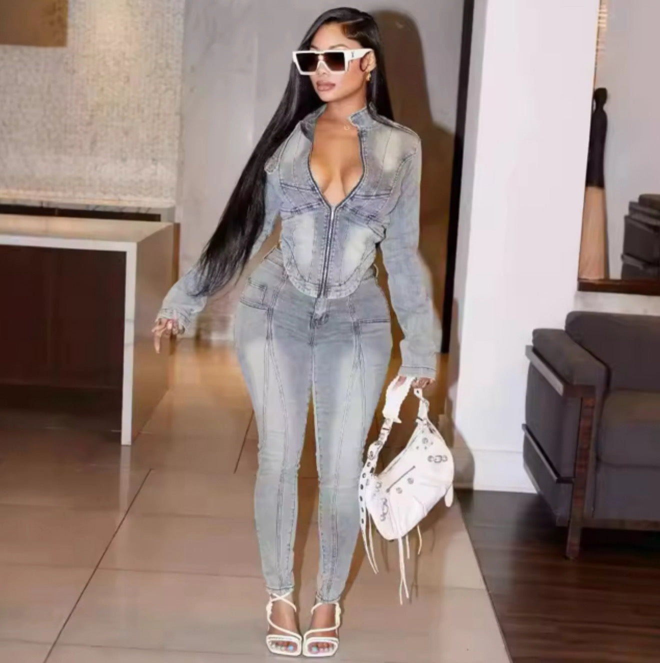 Light Blue Acid Wash Denim Set