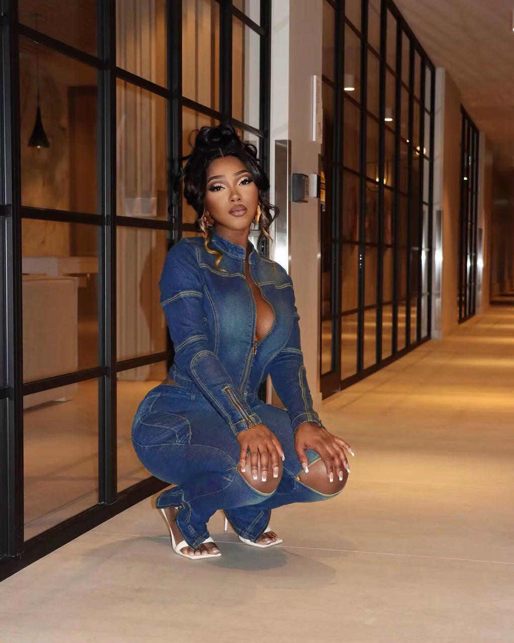 Denim Knee Out Pants Set