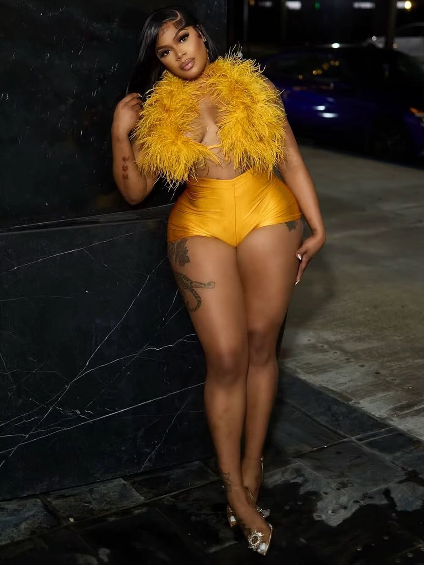 Yellow Fur Shorts Set