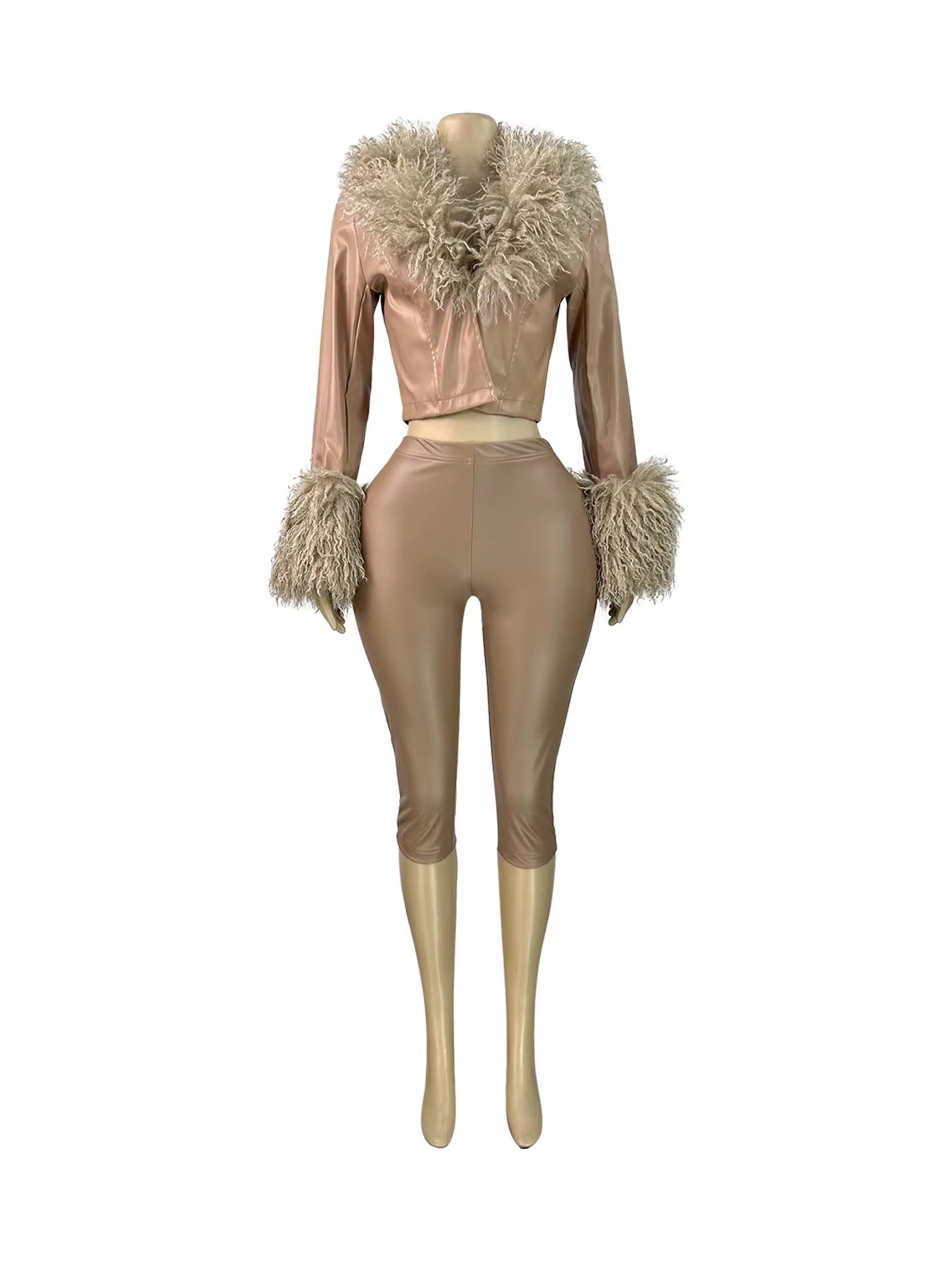 Tan Fur Jacket Capri Set