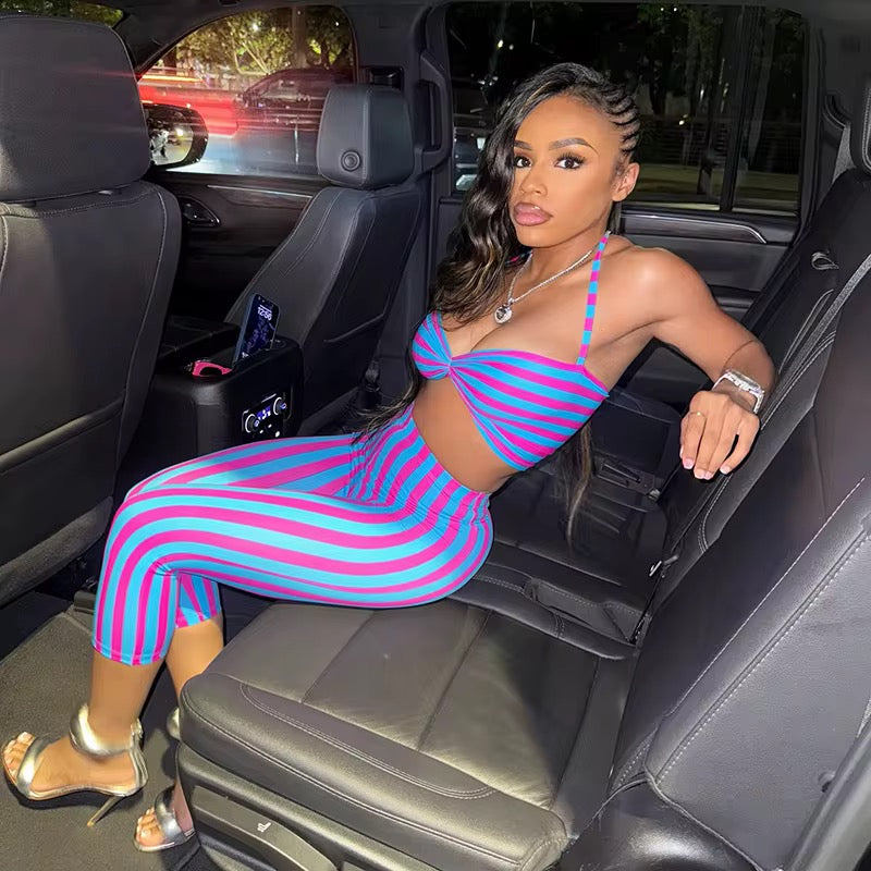 Pink & Blue Striped Capri Set