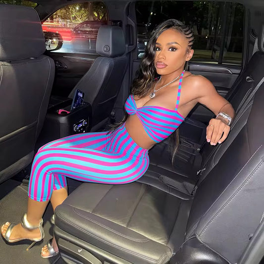 Pink & Blue Striped Capri Set