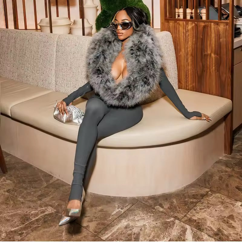 Gray Fur Neck Jumpsuit