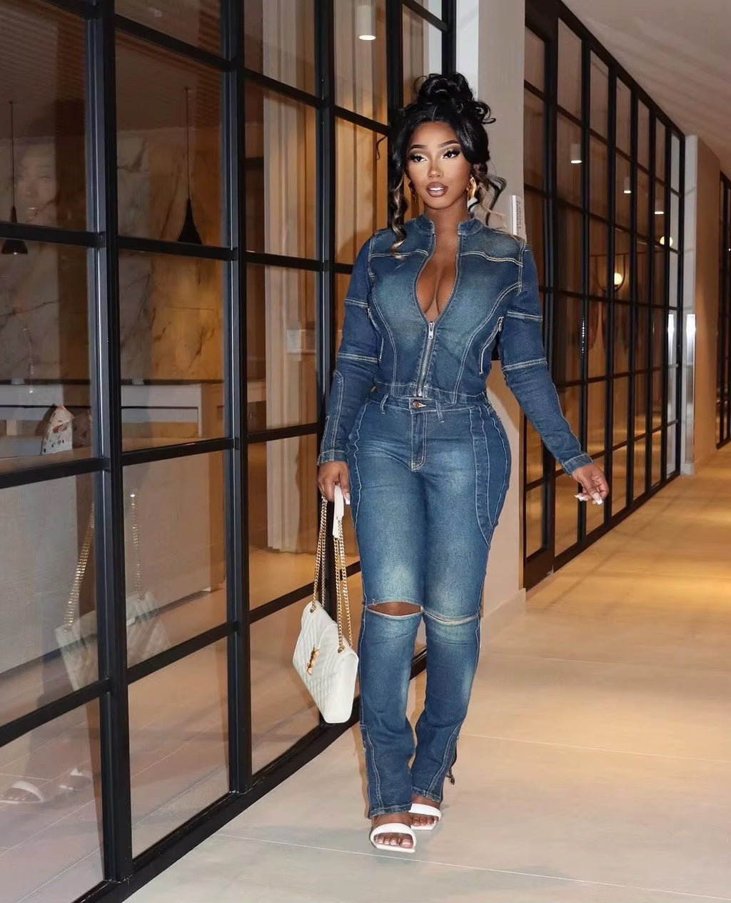 Denim Knee Out Pants Set