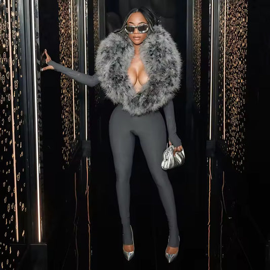 Gray Fur Neck Jumpsuit
