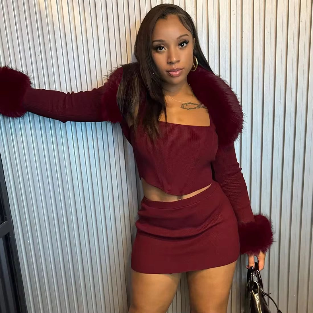 Burgundy Fur Skirt Set