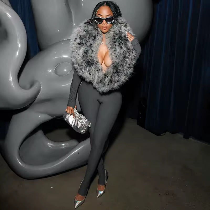 Gray Fur Neck Jumpsuit